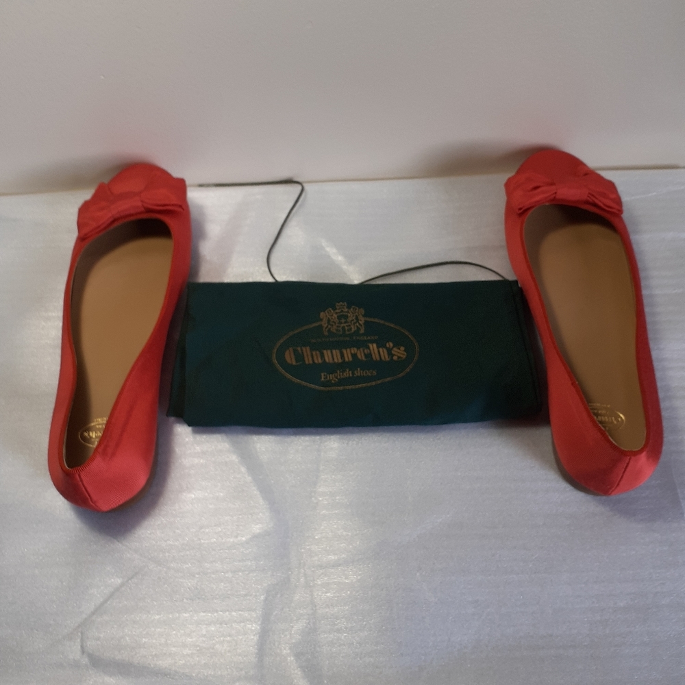 Handmade in England CHURCH'S Brocade Bow Ballerina Ballet flats w8.5 Red Orange